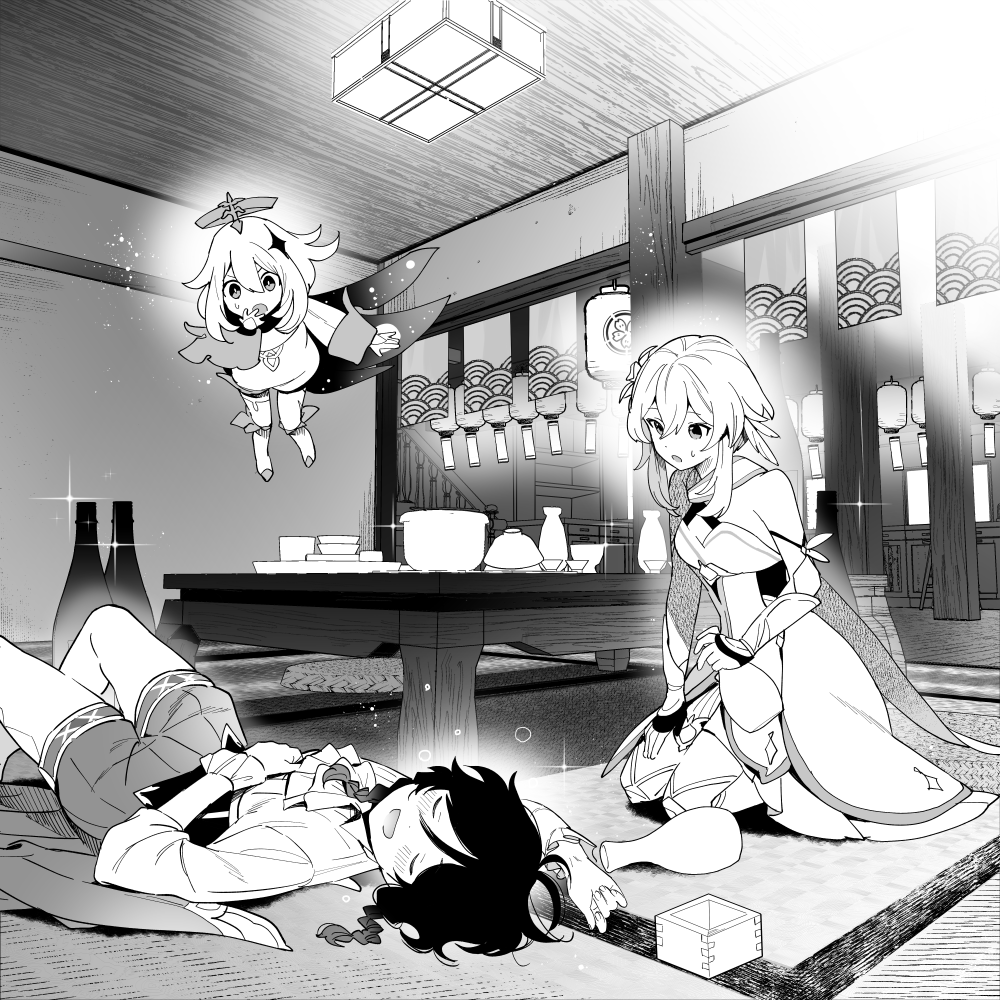 1boy 2girls ascot blush ceiling_light choko_(cup) cup drunk genshin_impact greyscale hand_up hidakarumen indoors kneeling lantern lumine_(genshin_impact) lying masu monochrome multiple_girls no_headwear no_jacket noren on_back outline paimon_(genshin_impact) paper_lantern shirt_tucked_in split_mouth squeans sweatdrop tatami tokkuri venti_(genshin_impact)