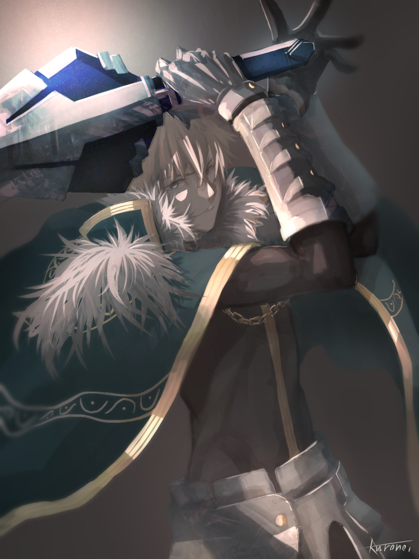 1boy armor black_gloves blonde_hair blue_eyes cape collared_cape excalibur_galatine_(fate) fate/extra fate/grand_order fate_(series) fur_collar gauntlets gawain_(fate) gloves green_cape grey_background holding holding_sword holding_weapon knight knights_of_the_round_table_(fate) kuronoiparoma long_sleeves looking_at_viewer male_focus short_hair signature simple_background solo sword weapon white_background
