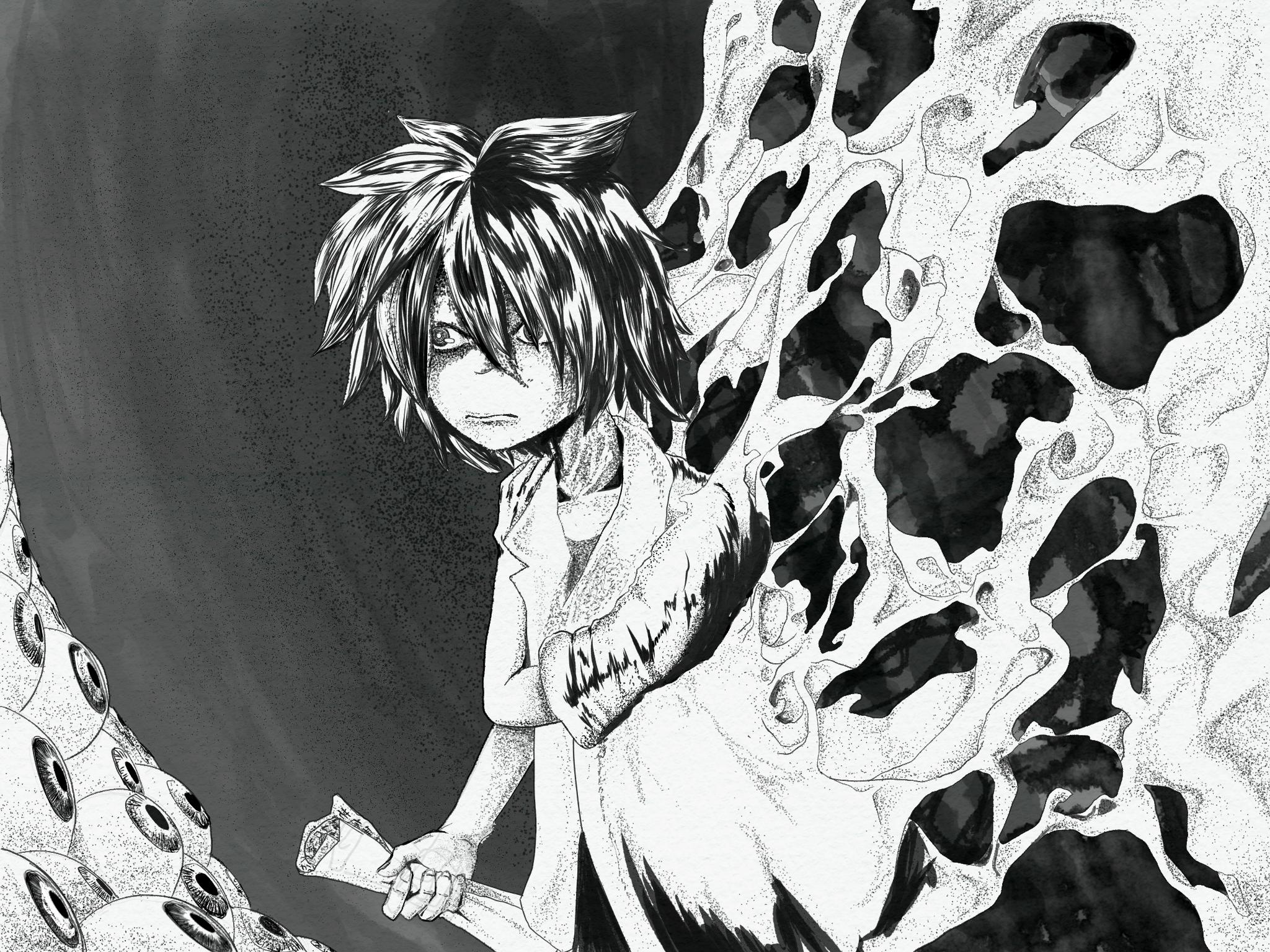 1boy closed_mouth collared_shirt commentary_request cookie_(touhou) dithering eyeball greyscale hair_between_eyes highres holding holding_scroll horror_(theme) jiko_mujun long_bangs male_focus monochrome parody scroll shirt short_hair short_sleeves smoke solo style_parody upper_body whiterolo xxx_(nicoseiga530226)_(style)