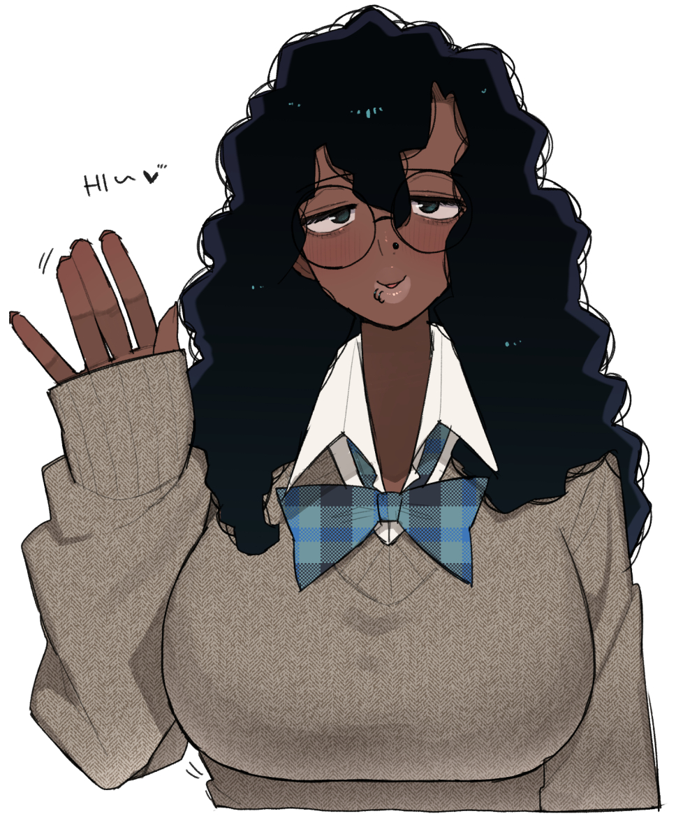 black_hair blush bow broccoli_(ohasi) commentary dark-skinned_female dark_skin english_text glasses lip_piercing long_hair looking_at_viewer ohasi original parted_lips piercing school_uniform shirt simple_background solo sweater symbol-only_commentary thick_lips very_dark_skin very_long_hair waving white_background