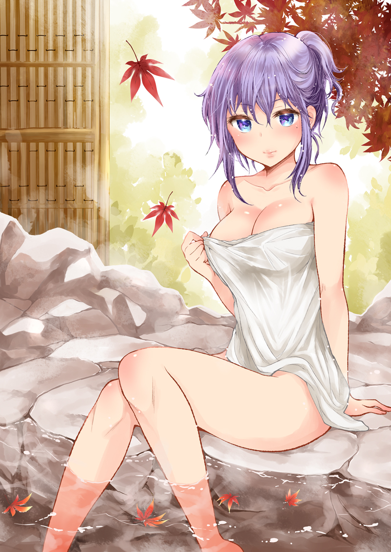 1girl amaguri_senko autumn autumn_leaves blue_eyes falling_leaves female_focus henjo_~hen_na_joshi_kousei_amaguri_senko~ leaf mole mole_under_eye onsen outdoors ponytail purple_hair rock short_ponytail solo steam towel ubizo water
