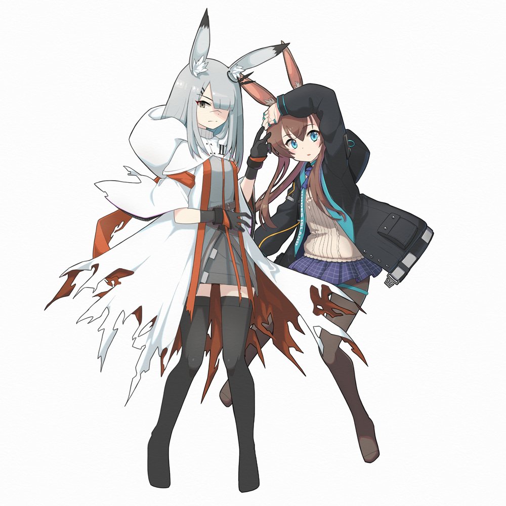 2girls amiya_(arknights) animal_ears arknights black_gloves black_pantyhose black_thighhighs blue_eyes brown_hair closed_mouth commentary frostnova_(arknights) full_body gloves grey_eyes grey_hair hair_ornament hair_over_one_eye hairclip jewelry kirishima_naruse long_hair looking_at_viewer medium_hair multiple_girls no_shoes one_eye_covered pantyhose parted_lips ring scar scar_on_face scar_on_nose simple_background split_mouth thighhighs torn_clothes white_background