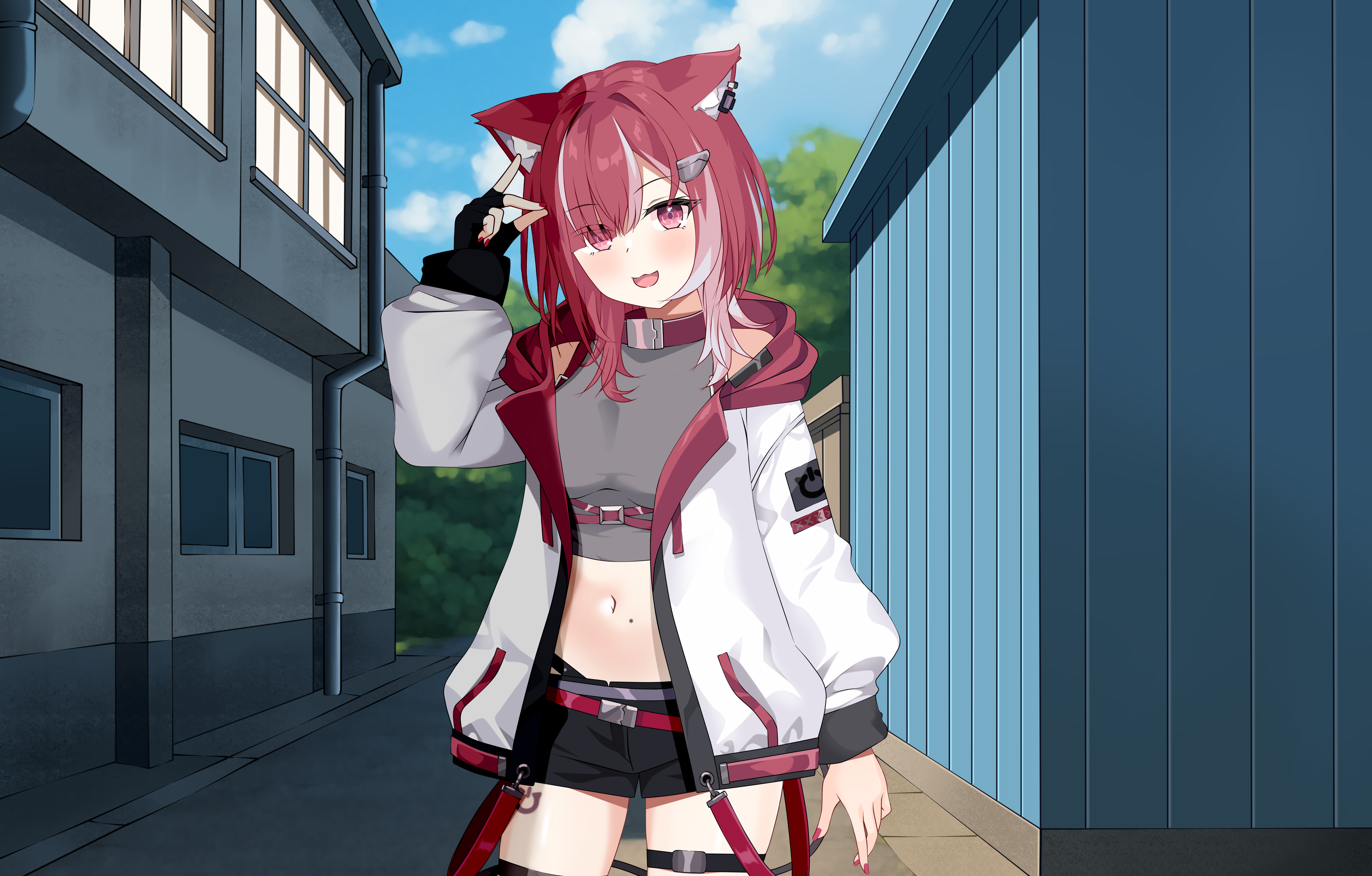 1girl animal_ear_fluff animal_ears belly belt blush building cat_ears cloud cloudy_sky commission eyes_visible_through_hair fingerless_gloves fingernails gloves highres jacket kiniro_tofu looking_at_viewer lyko_lianna multicolored_hair navel open_mouth outdoors pants pink_eyes pink_hair shadow short_hair shorts sky smile solo standing tree v4mirai virtual_youtuber