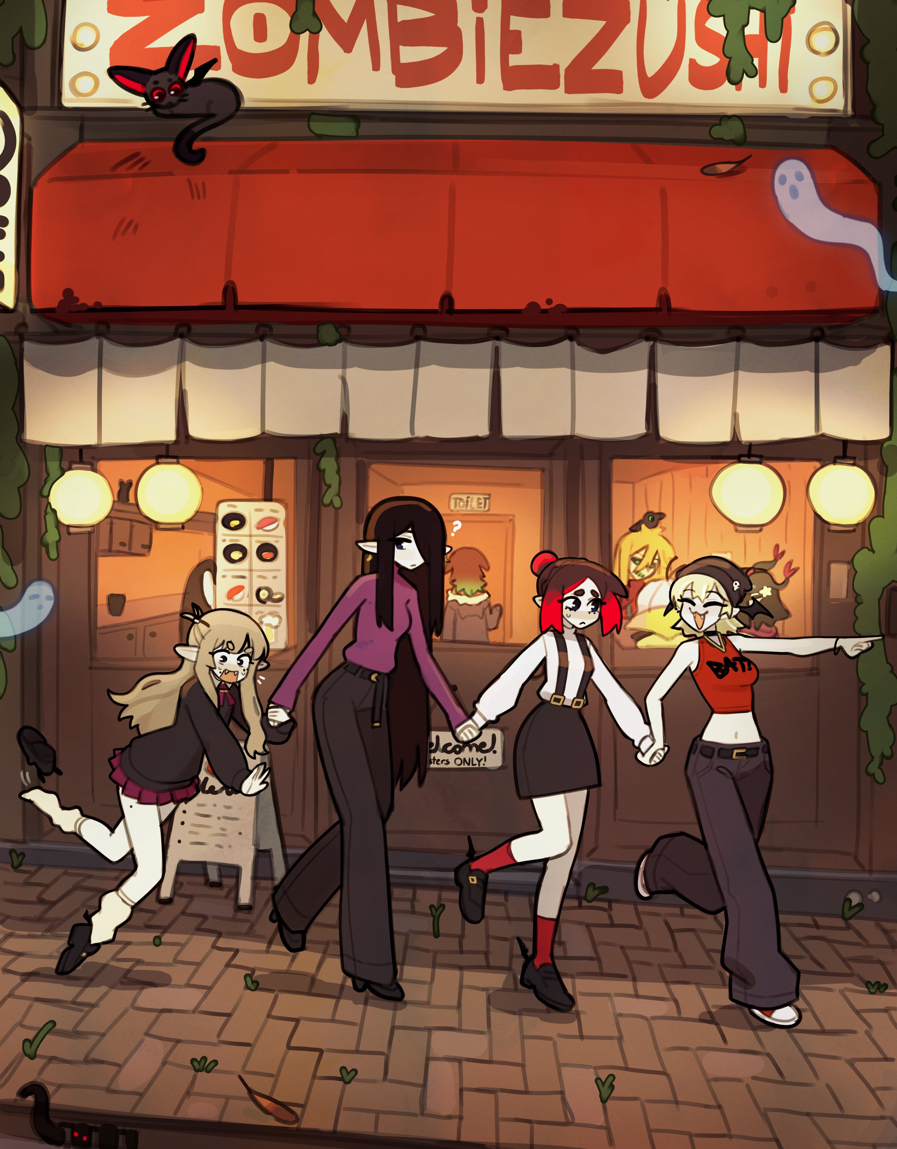 6+girls :&lt; :3 :d ? ^_^ absurdres bare_legs beanie belt black_belt black_hat black_pants black_shoes black_skirt blonde_hair brown_hair closed_eyes clothes_writing eleanor_(justadrian) fangs ghost hair_bun hair_over_one_eye hat highres holding_hands justadrian_(yoadriandk) lantern licorice_(justadrian) loafers long_hair long_pointy_ears long_sleeves mavie_(justadrian) menu_board midriff miniskirt mole mole_on_thigh multiple_girls open_mouth original outdoors pale_skin pants paper_lantern pink_shirt pleated_skirt pointing pointy_ears red_hair red_skirt red_socks scarlett_(justadrian) shirt shoes short_hair skirt smile socks suspender_skirt suspenders tripping very_long_hair