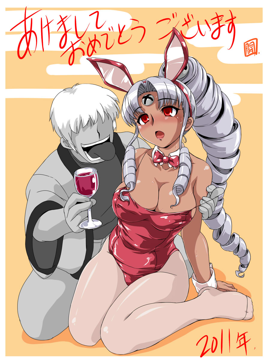 1boy 1girl animal_ears blush breasts cleavage dark_skin drill_hair drunk fake_animal_ears highres leotard long_hair os-tan pantyhose playboy_bunny rabbit_ears red_eyes silver_hair toushi_ryoku vista-tan vistake white_pantyhose