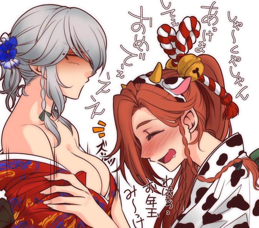 2girls alternate_costume alternate_hairstyle animal_ears animal_print bell blush braid breasts chinese_zodiac cleavage closed_eyes commentary_request cow_print drooling fake_animal_ears from_side grabbing_another&#039;s_breast grey_hair groping hair_bell hair_ornament hong_meiling izayoi_sakuya multiple_girls neko_majin profile shaded_face touhou translation_request upper_body white_background year_of_the_ox yuri