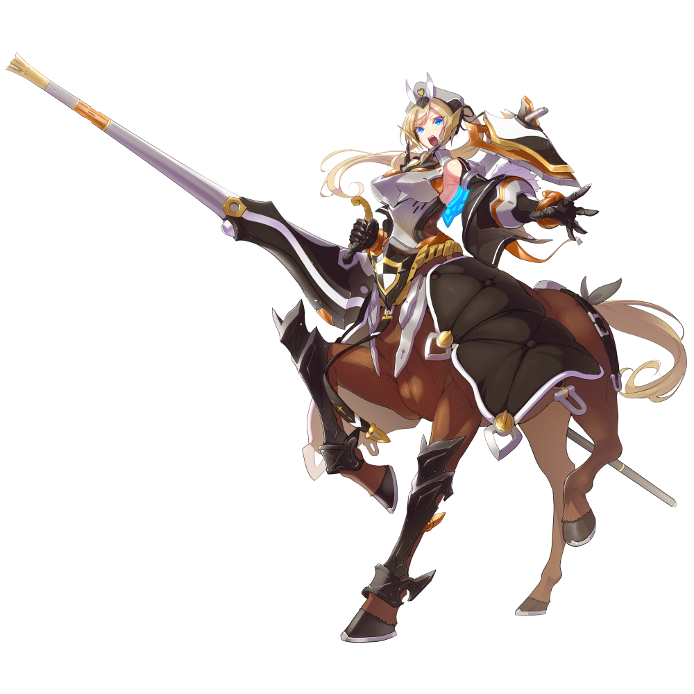 1girl animal_ears arcanadea armor blonde_hair blue_eyes breastplate centaur elena_(arcanadea) full_body hat holding holding_polearm holding_weapon horse_ears horse_tail kotobukiya lance legs_up long_hair mechanical_gloves monster_girl necomi official_art open_mouth outstretched_arm outstretched_hand polearm ponytail second-party_source shin_guards simple_background solo tachi-e tail taur transparent_background weapon