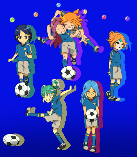 6+girls ball female_focus full_body gradient_background hasuike_an inazuma_eleven inazuma_eleven_(series) kurakake_clara kurione_yuki multiple_girls rezigigasunoyume soccer_ball soccer_uniform sportswear standing sumeragi_maki touchi_ai yagami_reina