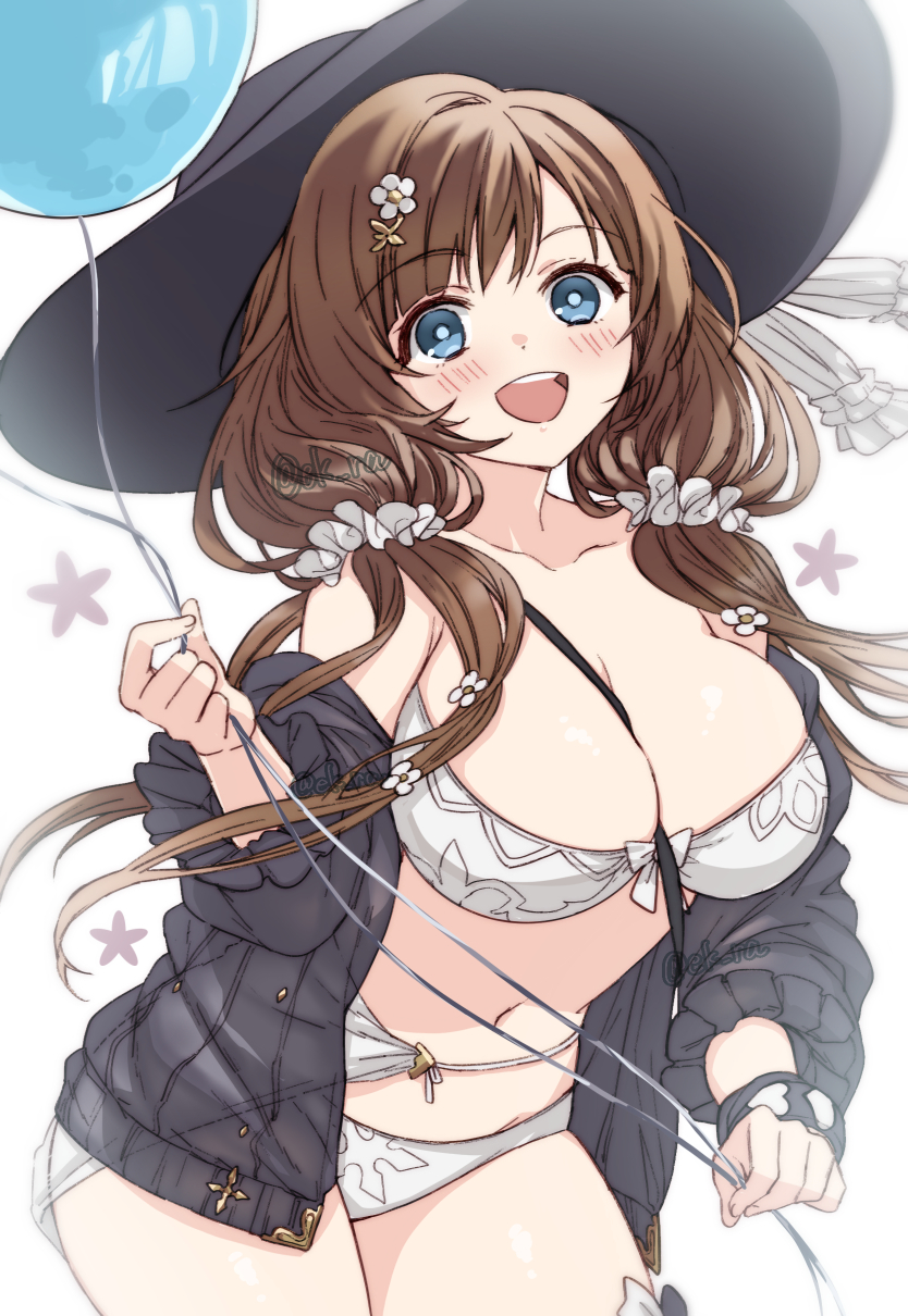 1girl balloon between_breasts bikini black_jacket blue_eyes blush breasts brown_hair cleavage collarbone ekra flower granblue_fantasy hair_flower hair_ornament hair_scrunchie hat highres holding holding_balloon jacket large_breasts long_hair navel raziel_(granblue_fantasy) raziel_(summer)_(granblue_fantasy) scrunchie sleeves_rolled_up smile solo strap_between_breasts swimsuit twitter_username white_bikini wristband