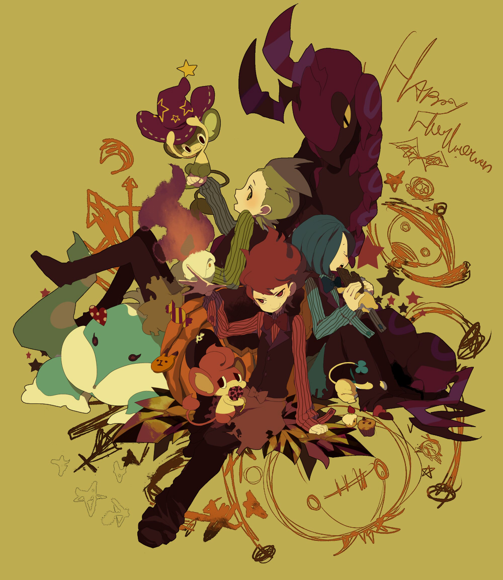 3boys blue_hair bow bowtie brothers chandelure chili_(pokemon) cilan_(pokemon) closed_eyes closed_mouth commentary_request cress_(pokemon) english_text gen_5_pokemon green_hair holding jellicent lampent litwick long_sleeves looking_back mondorera multiple_boys nintendo open_mouth pants pokemon pokemon_(creature) pokemon_bw red_eyes red_hair scolipede siblings simipour simisage simisear smile spread_fingers teeth tongue traditional_bowtie vest