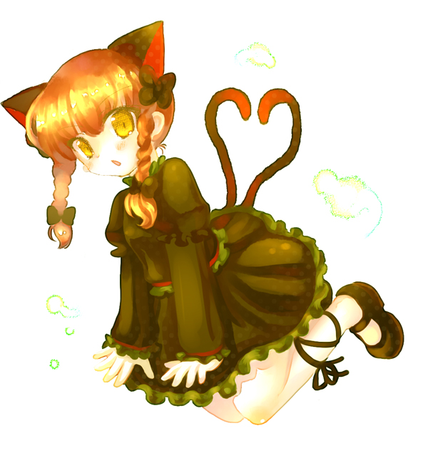 1girl 23 23_(candy_chapus) animal_ears braid cat_ears cat_girl cat_tail dress female_focus heart heart_tail kaenbyou_rin multiple_tails orange_hair solo tail touhou twin_braids yellow_eyes