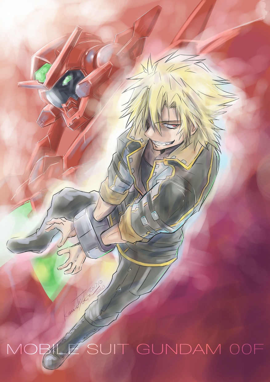 1boy black_jacket black_pants copyright_name crazy_smile cuffs fon_spaak green_eyes gundam gundam_00 gundam_00f gundam_astraea_type-f handcuffs highres jacket looking_at_viewer looking_to_the_side male_focus mecha mobile_suit pants red_eyes robot smile tokita_kouichi v-fin visor