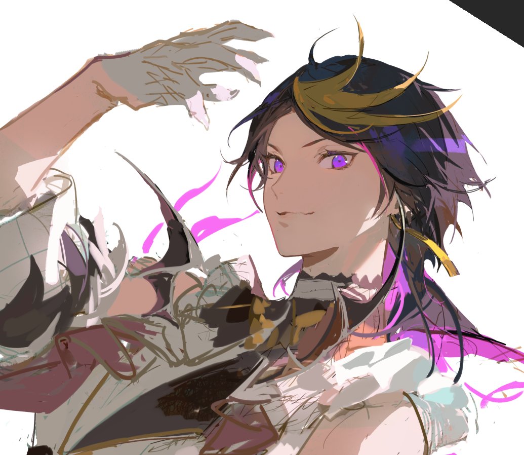 1boy arm_up bare_shoulders closed_mouth collared_shirt detached_sleeves frills hayamafair looking_at_viewer male_focus multicolored_hair nijisanji nijisanji_en purple_eyes shirt shu_yamino shu_yamino_(1st_costume) sketch smile solo streaked_hair upper_body virtual_youtuber white_background