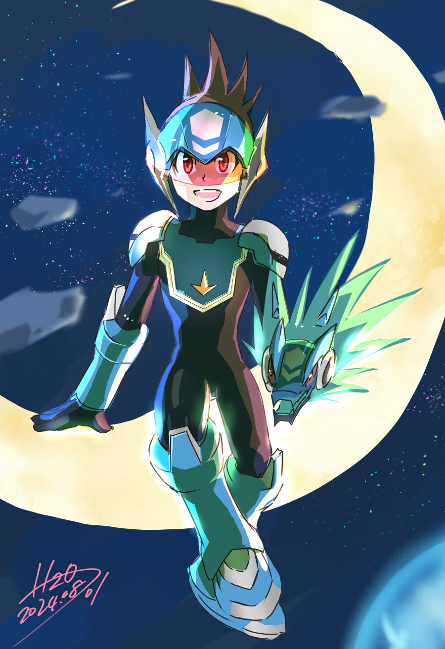 1boy assault_visor blue_bodysuit blue_helmet bodysuit crescent dated full_body geo_stelar_(mega_man) h2o_(gueguecamp) helmet highres medium_hair mega_man_(series) mega_man_star_force_(series) red-tinted_eyewear signature sitting solo star_force_mega_man tinted_eyewear