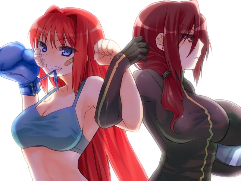 00s 2girls aozaki_aoko aozaki_touko armpits back-to-back bad_id bad_pixiv_id bandaid biker_clothes blue_eyes bodysuit boxing_gloves breasts clenched_hand earrings gloves grin hair_intakes helmet holding holding_helmet jewelry kamehima kara_no_kyoukai large_breasts locked_arms long_hair mahou_tsukai_no_yoru mouth_hold multiple_girls red_eyes red_hair scrunchie siblings single_glove sisters smile sports_bra strap_gap tsukihime unworn_headwear unworn_helmet very_long_hair