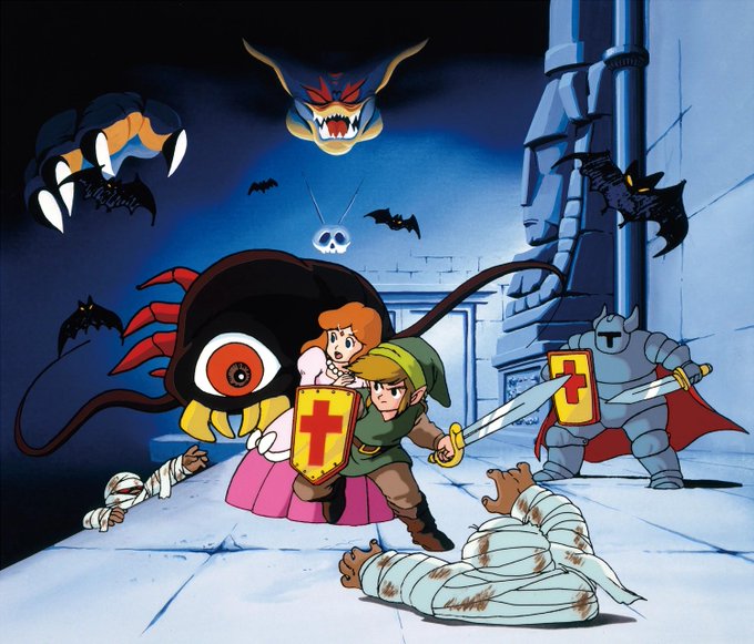 1boy 1girl bat_(animal) belt blue_eyes brown_hair claws creture darknut dress elf ganon gibdo gohma hat jewelry keese knight link monster mummy necklace nintendo official_art pink_dress pointy_ears princess_zelda serious shield sword the_legend_of_zelda the_legend_of_zelda_(nes) tiara weapon
