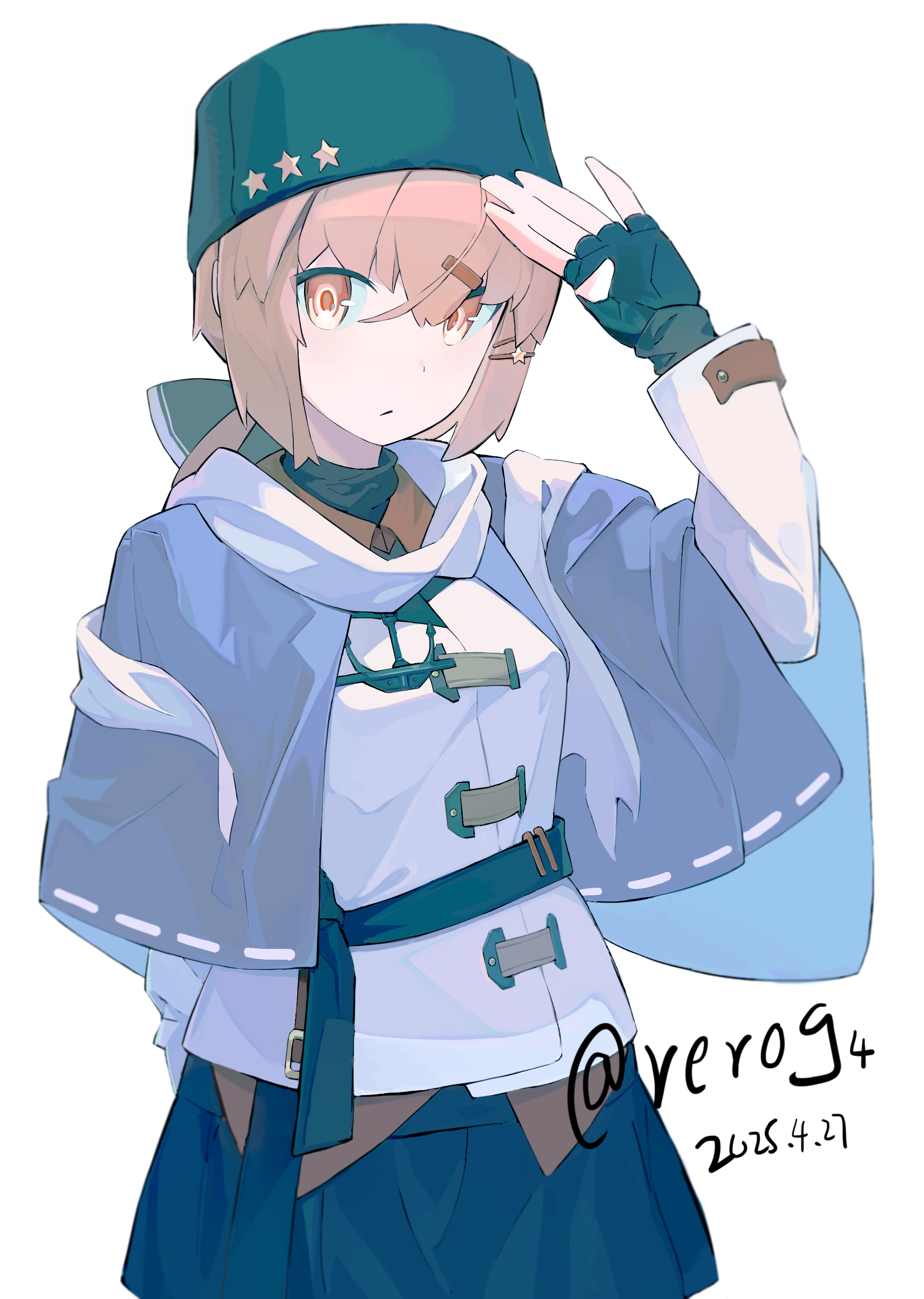 1girl absurdres arm_behind_back black_gloves black_hat black_ribbon blue_shawl brown_hair commentary dated fingerless_gloves fur_hat gloves hair_between_eyes hair_ornament hair_ribbon hairclip hat highres jacket kantai_collection long_sleeves looking_at_viewer orange_eyes papakha rerog ribbon russian_commentary scarf shawl simple_background solo star_(symbol) tashkent_(kancolle) torn_clothes torn_scarf twitter_username white_background white_scarf