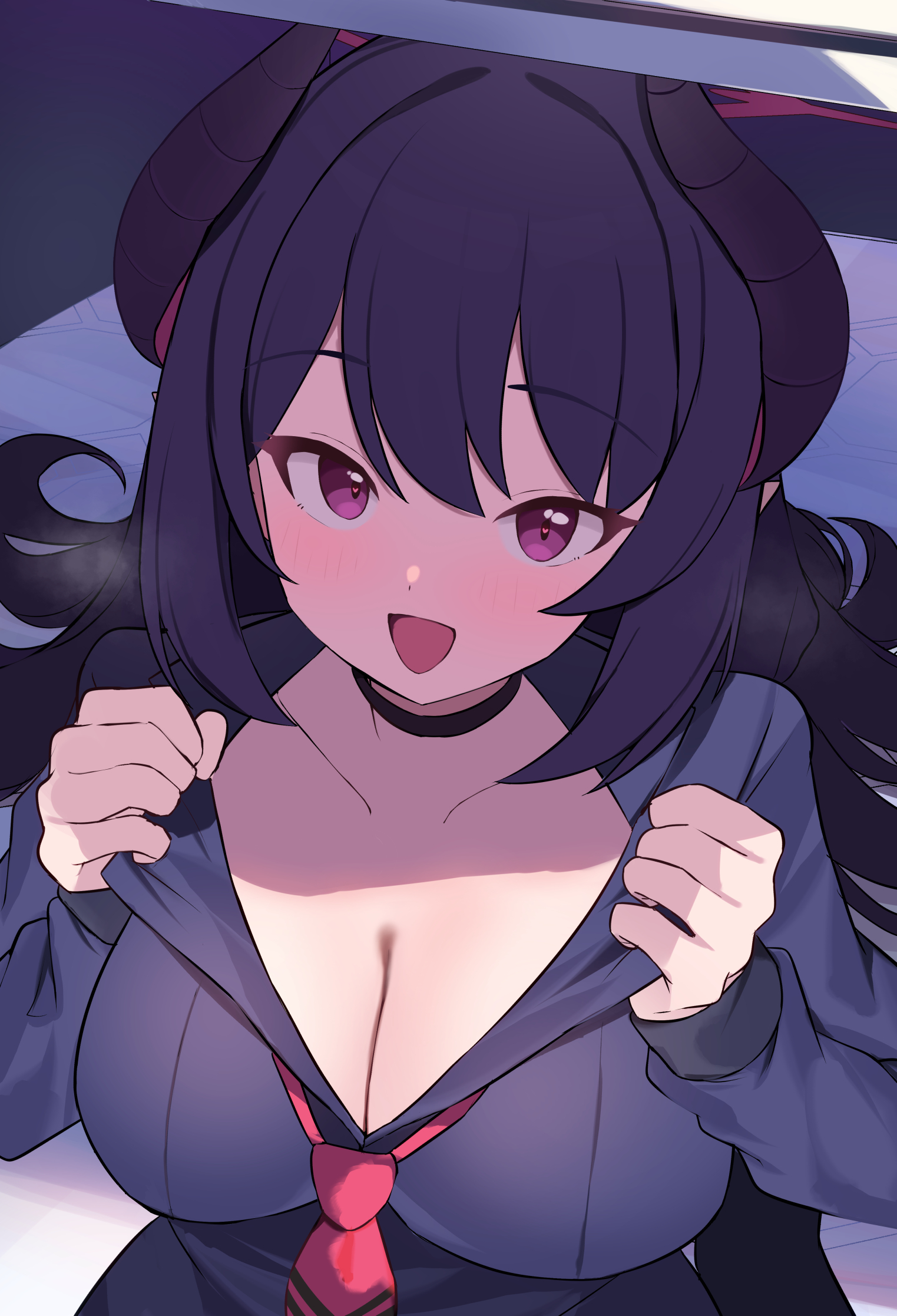 1girl black_hair black_shirt blue_archive blush breasts chiaki_(blue_archive) choker cleavage collarbone demon_horns hair_between_eyes halo highres horns long_hair looking_at_viewer medium_breasts mi_taro333 necktie open_mouth purple_eyes red_halo red_necktie shirt smile solo