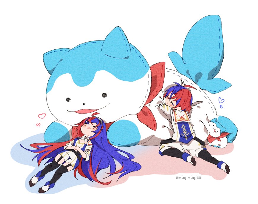 1boy 1girl alear_(female)_(fire_emblem) alear_(fire_emblem) animal_ears blue_hair braid breasts crossed_bangs elbow_sleeve female_alear_(divine_attire)_(fire_emblem) female_alear_(fire_emblem) fire_emblem fire_emblem_engage garter_straps long_hair lying mugimugis multicolored_hair nintendo official_alternate_costume red_hair romper short_hair sleeping sleeping_on_person sleeping_upright sleeves_rolled_up small_breasts sommie_(fire_emblem) split-color_hair stuffed_animal stuffed_toy tail thighhighs tiara two-tone_hair very_long_hair