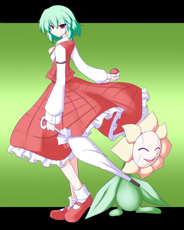 crossover gen_2_pokemon green_hair kazami_yuuka mary_janes miyo_(miyomiyo01) nintendo poke_ball pokemon pokemon_(creature) red_eyes shoes sunflora touhou umbrella