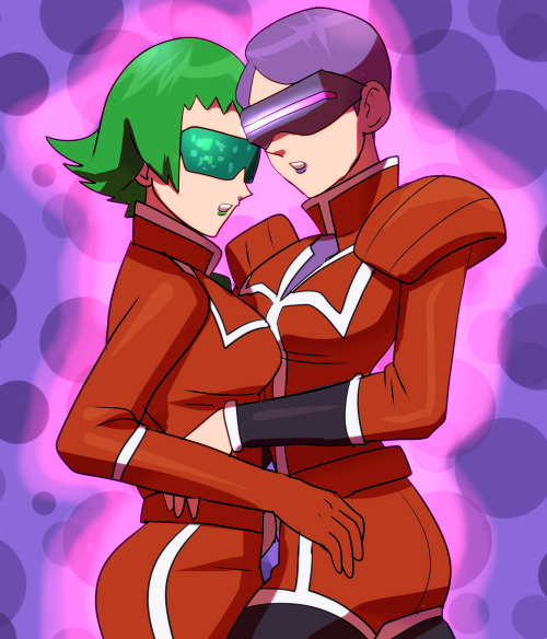 2girls belt black_pantyhose breasts bryony_(pokemon) celosia_(pokemon) commentary_request gloves green_hair green_lips head-mounted_display jacket lipstick makeup multiple_girls necktie nintendo open_mouth pantyhose pokemon pokemon_xy purple_background purple_hair purple_lips purple_necktie ryokuso_(rksu06) shirt short_hair shorts team_flare teeth upper_teeth_only
