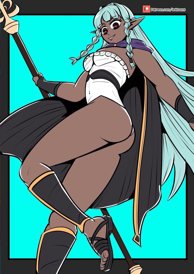 1girl arktoons ass ass_focus breasts cape dark-skinned_female dark_skin green_hair leotard long_hair medium_breasts rosalinde_(unicorn_overlord) sandals sleeveless staff thong_leotard unicorn_overlord very_long_hair