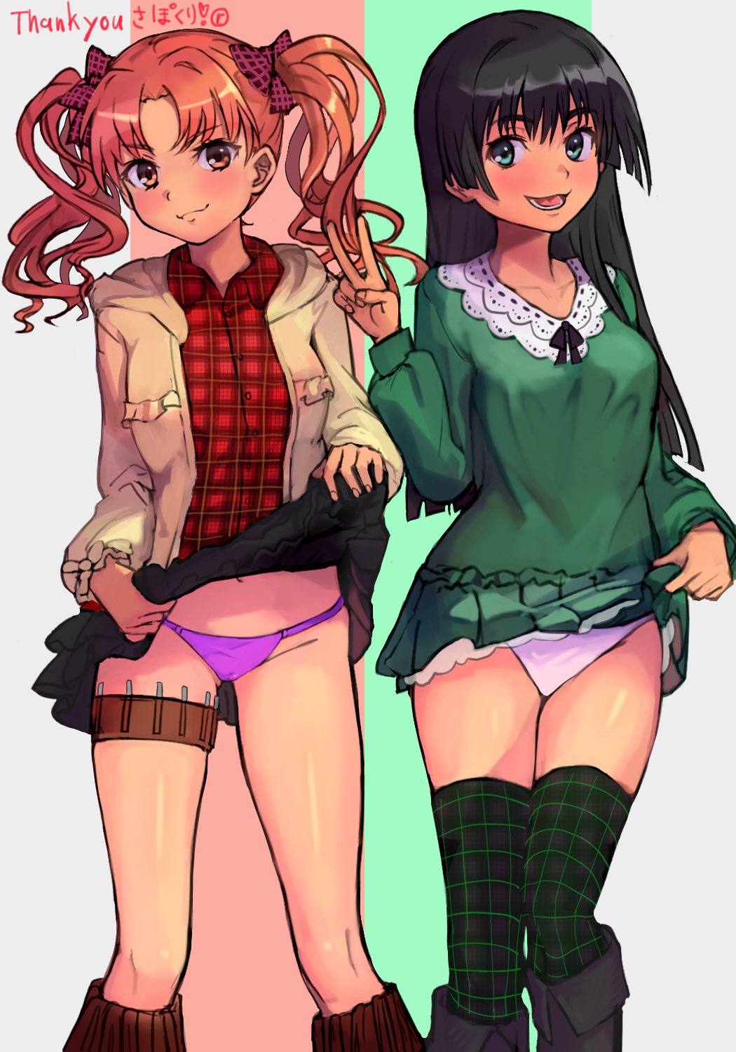 2girls black_footwear black_skirt boots brown_eyes clothes_lift dress dress_lift green_dress green_eyes highres jacket lace_trim lifting_own_clothes long_hair loose_socks multiple_girls open_mouth orange_hair panties pink_panties plaid_clothes plaid_legwear plaid_shirt r123 saten_ruiko shirai_kuroko shirt skirt skirt_lift socks thigh_strap toaru_kagaku_no_railgun toaru_majutsu_no_index twintails underwear white_panties