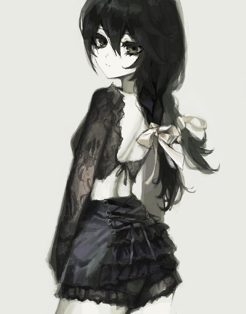 1girl back backless_outfit black_hair black_skirt braid commentary cowboy_shot cross-laced_clothes cross-laced_skirt fishnet_top fishnets frilled_skirt frills gd783hhh green_eyes grey_background hair_ribbon long_hair long_sleeves looking_at_viewer looking_back low-tied_long_hair low_twin_braids original pale_skin ribbon simple_background skirt solo standing symbol-only_commentary twin_braids