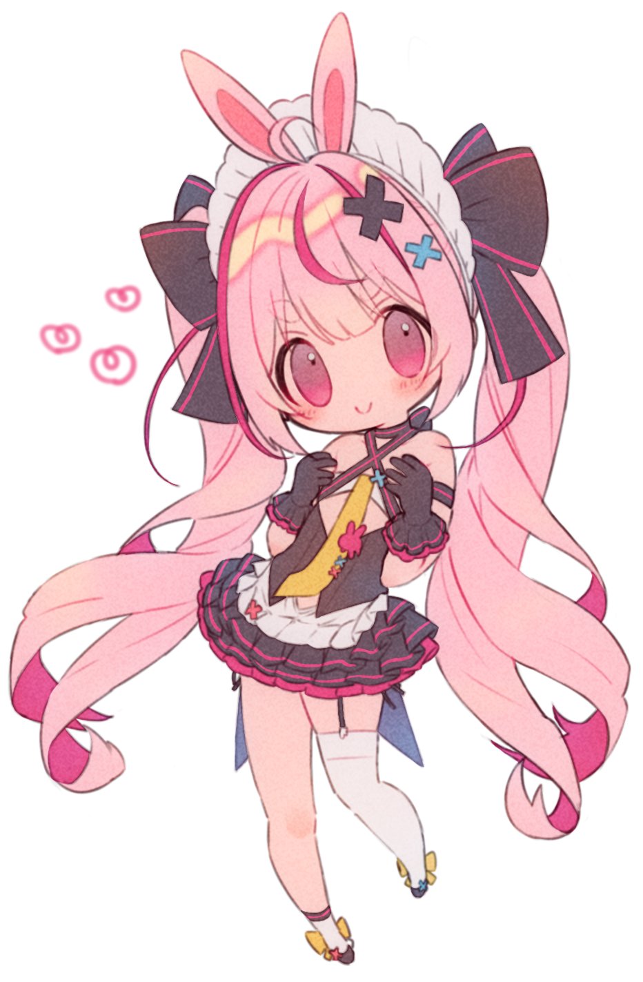 1girl animal_ears black_gloves black_skirt closed_mouth garter_straps gloves highres indie_virtual_youtuber long_hair looking_at_viewer low_twintails multicolored_hair necktie no_nose pink_eyes pink_hair rabbit_ears rabbit_girl short_eyebrows single_thighhigh skirt smile socks solo streaked_hair thick_eyebrows thighhighs tomari_mari twintails very_long_hair virtual_youtuber white_socks white_thighhighs yellow_necktie zudzuki