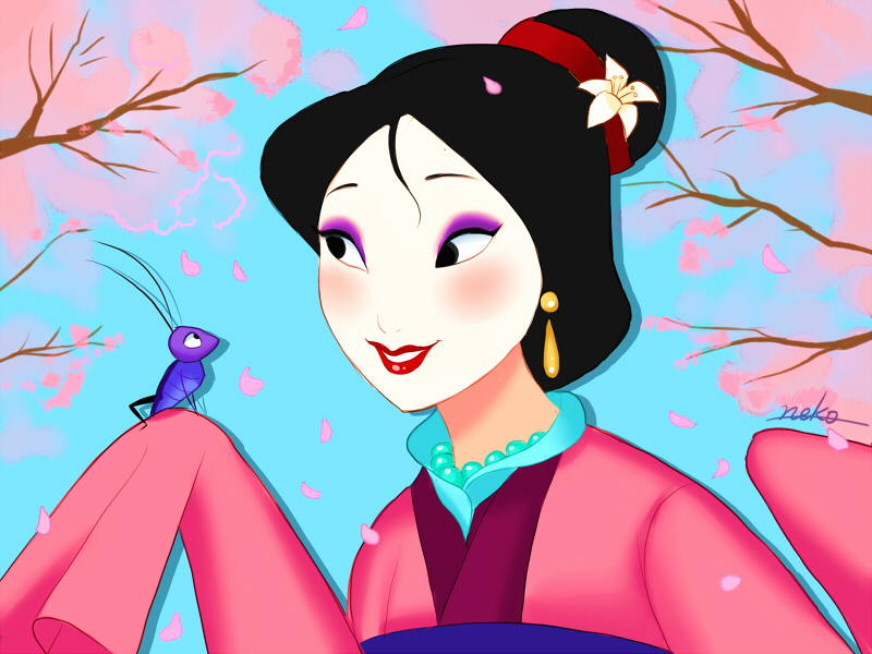 1girl animification asian black_hair brown_eyes cherry_blossoms chinese_clothes cri-kee dress earrings fa_mulan_(disney) hanfu jewelry long_hair makeup mulan_(movie) nyamunekonabe pink_hanfu smile solo upper_body