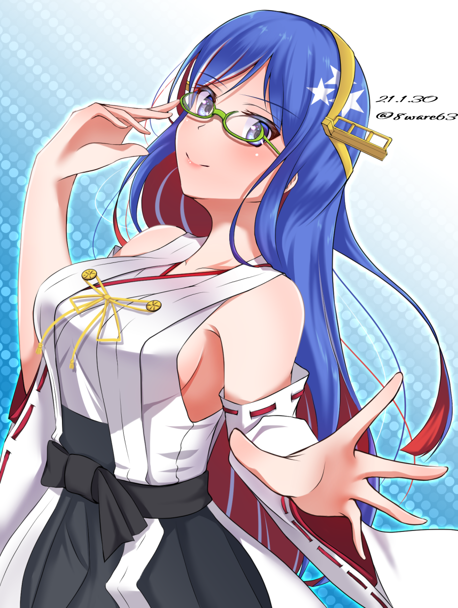 1girl bespectacled blue_background blue_eyes blue_hair breasts collarbone cosplay dated glasses hachiware_(8ware63) highres kantai_collection kirishima_(kancolle) kirishima_(kancolle)_(cosplay) large_breasts long_hair looking_at_viewer multicolored_hair nontraditional_miko red_hair ribbon-trimmed_sleeves ribbon_trim smile solo south_dakota_(kancolle) twitter_username white_hair wide_sleeves