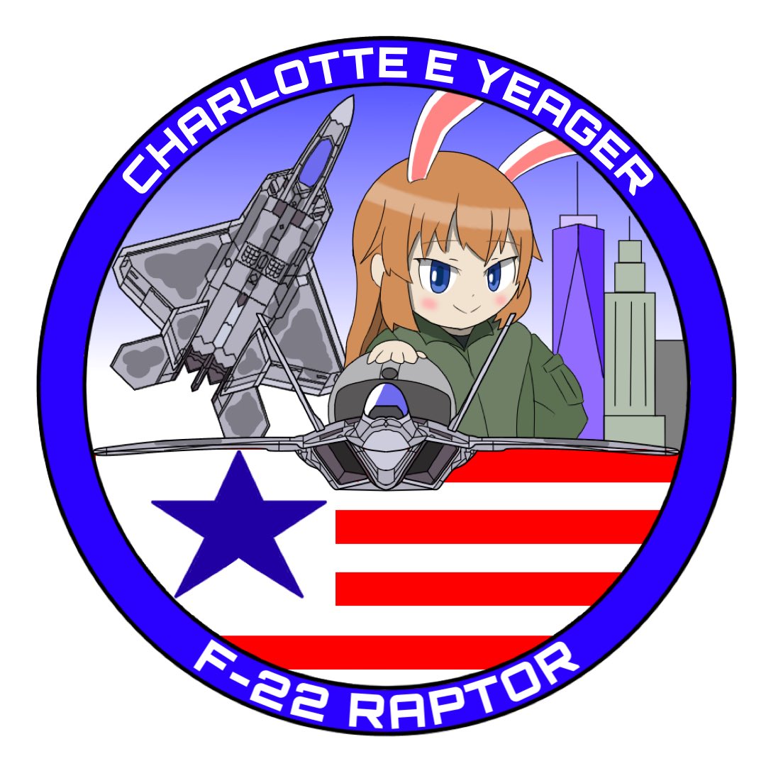 1girl aircraft animal_ears blue_eyes blush character_name charlotte_e._yeager closed_mouth commentary_request f-22_raptor helmet long_hair long_sleeves military_uniform military_vehicle orange_hair patch pilot_helmet rabbit_ears rabbit_girl simple_background smile solo sss_cccp strike_witches white_background world_witches_series