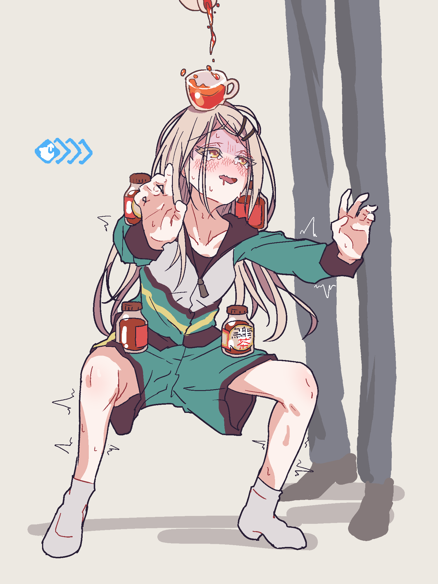 1boy 1girl ^^^ anatomical_nonsense balancing balancing_on_head black_pants blush brown_background brown_footwear brown_hair collarbone cup cup_on_head drunken_master fang furrowed_brow gakuen_idolmaster gameplay_mechanics glass_bottle gloom_(expression) green_jacket green_shorts grey_socks gym_shorts gym_uniform hair_ornament hairclip highres horse_stance idolmaster jacket long_hair long_legs long_sleeves looking_at_another monae no_shoes open_mouth orange_eyes out_of_frame outstretched_arms pants pose_imitation pouring pouring_onto_another producer_(idolmaster) shinosawa_hiro shoes shorts simple_background skin_fang skinny socks solo_focus squatting sweat tea teacup tearing_up track_jacket twitching very_sweaty wavy_mouth
