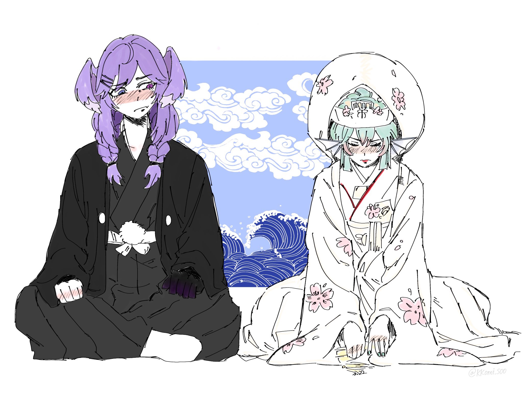 2girls aqua_nails black_kimono blue_eyes blush braid bride closed_eyes crossdressing dragon_girl dress embarrassed finana_ryugu fins fish_girl floral_print flower furisode green_hair hair_flower hair_ornament hat head_fins head_wings heterochromia highres hiki_furisode hood indian_style japanese_clothes kimono kkomi_soo lipstick long_hair long_sleeves looking_at_another makeup medium_hair multiple_girls nail_polish nijisanji nijisanji_en obi pink_flower pointy_ears print_kimono purple_eyes purple_hair purple_wings sash selen_tatsuki shiromuku sitting socks tsunokakushi twin_braids uchikake virtual_youtuber waves wedding wedding_dress white_background white_kimono white_legwear wings