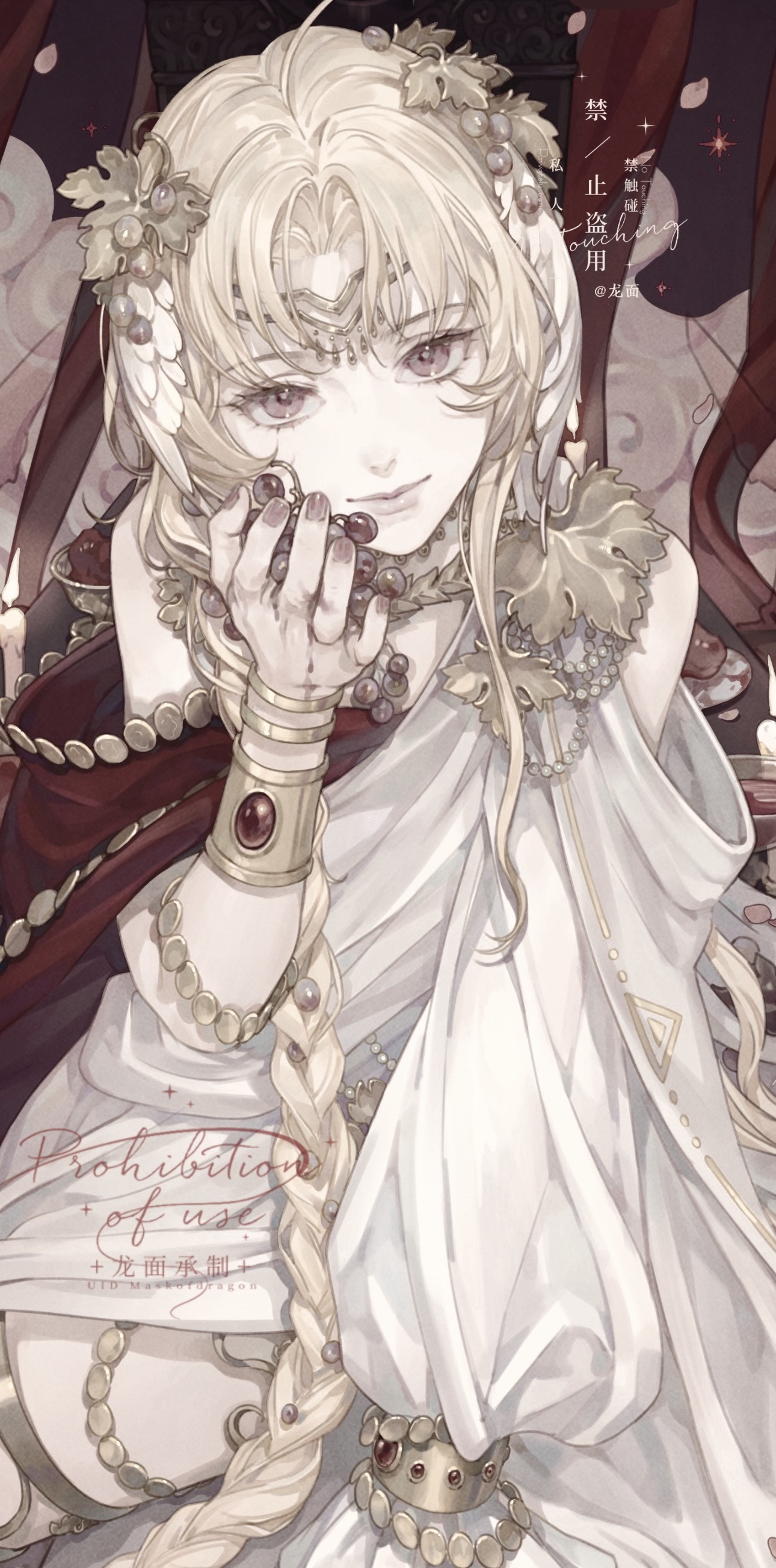 1girl absurdres blonde_hair braid commentary_request dress flower gloves hair_ornament highres holding jewelry long_hair long_sleeves longmianbushilongxumian looking_at_viewer original sitting solo