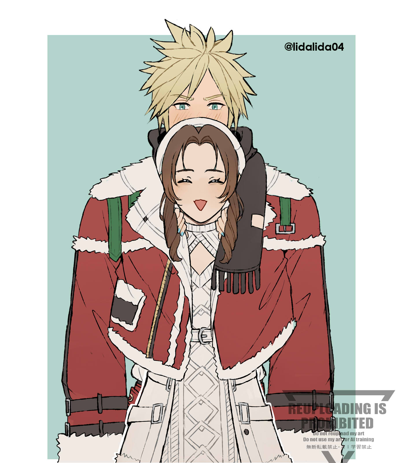 1boy 1girl aerith_gainsborough aerith_gainsborough_(fairy_of_snowfall) aqua_background black_scarf blonde_hair blue_eyes blue_nails blush border brown_hair cable_knit closed_eyes clothing_cutout cloud_strife coat couple cowboy_shot cropped_coat dress final_fantasy final_fantasy_vii final_fantasy_vii_ever_crisis fur-trimmed_coat fur_trim hat hetero highres knit_dress lida_(lidalida04) long_sleeves nail_polish official_alternate_costume open_mouth parted_bangs red_coat scarf shared_clothes shared_coat short_hair sidelocks smile spiked_hair twitter_username white_border white_coat white_dress white_fur white_hat winter_clothes winter_coat