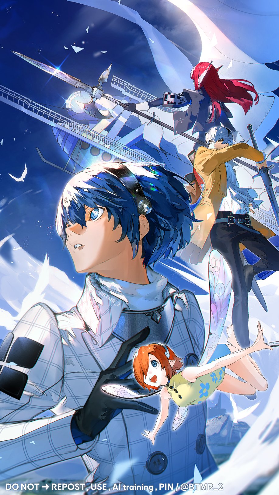 2boys 2girls barefoot bird black_gloves blue_eyes blue_hair blue_sky bow_(weapon) btmr_game cloud coat commentary_request fairy fairy_wings gallica_(metaphor:_refantazio) gloves grey_hair hair_over_one_eye hairband highres holding holding_sword holding_weapon horns hulkenberg_(metaphor:_refantazio) metaphor:_refantazio multiple_boys multiple_girls open_mouth orange_hair pants parted_lips pointy_ears polearm protagonist_(metaphor:_refantazio) red_hair sky strohl_(metaphor:_refantazio) sword twitter_username weapon wings