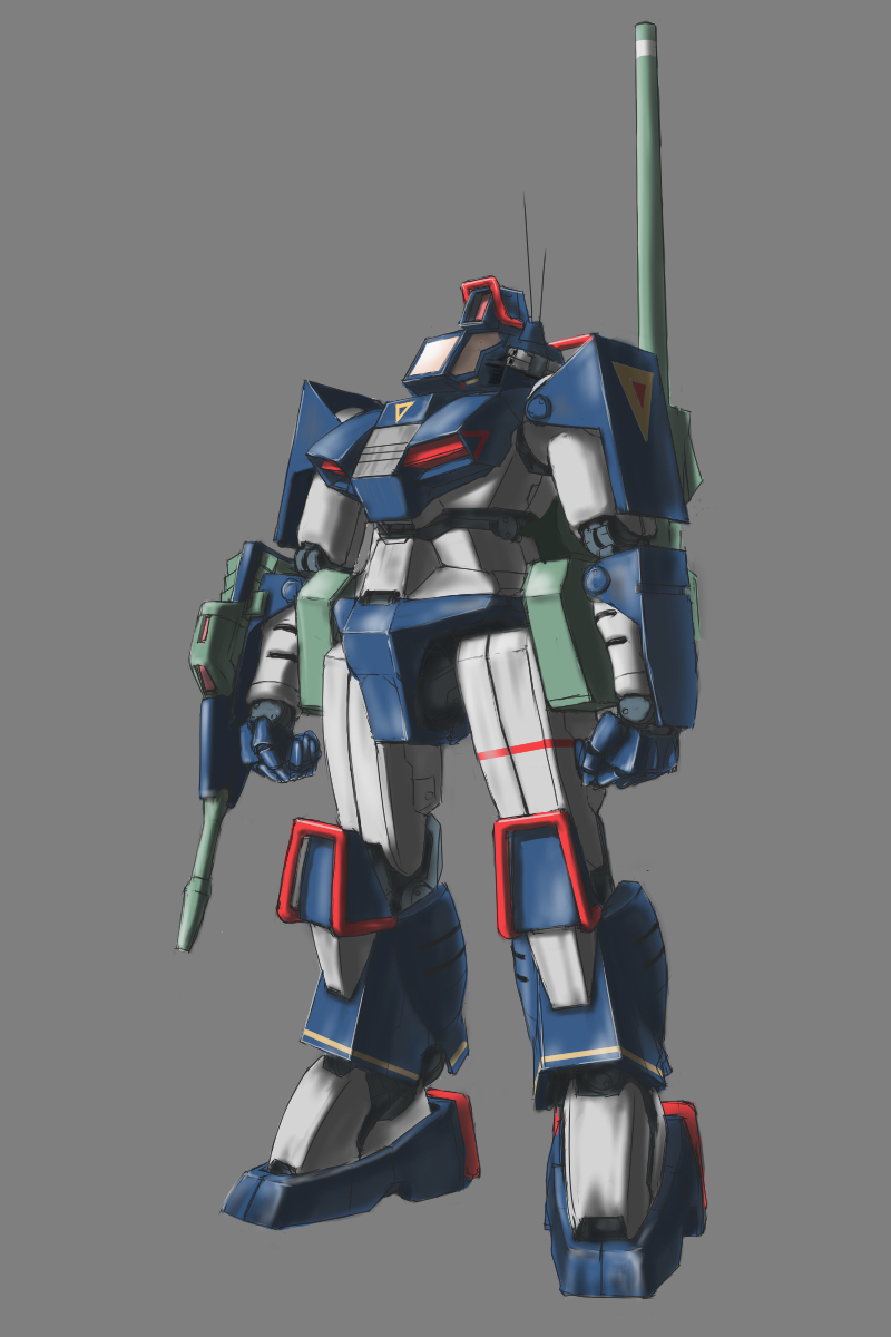 arm_cannon commentary_request dirty dougram grey_background gunpod highres machinery mecha mecha_focus no_humans radio_antenna robot science_fiction shield shoulder_cannon sketch solo taiyou_no_kiba_dougram teikoku_jokyoku weapon