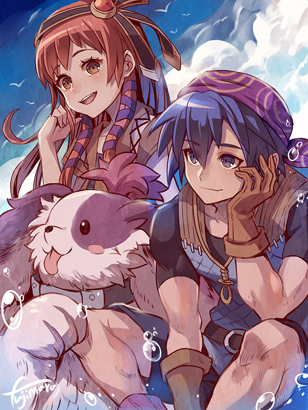 1boy 2girls bandana belt bird black_shirt blouse blue_eyes blue_hair brown_eyes bubble chrono_cross cloud cloudy_sky collar dog fujimaru_(green_sparrow) gloves hair_between_eyes hair_ornament hairband long_hair multiple_girls open_mouth poshul red_bandana red_hair leena_(chrono_cross) serge_(chrono_cross) shirt sky smile square_enix teeth tongue tongue_out upper_teeth_only