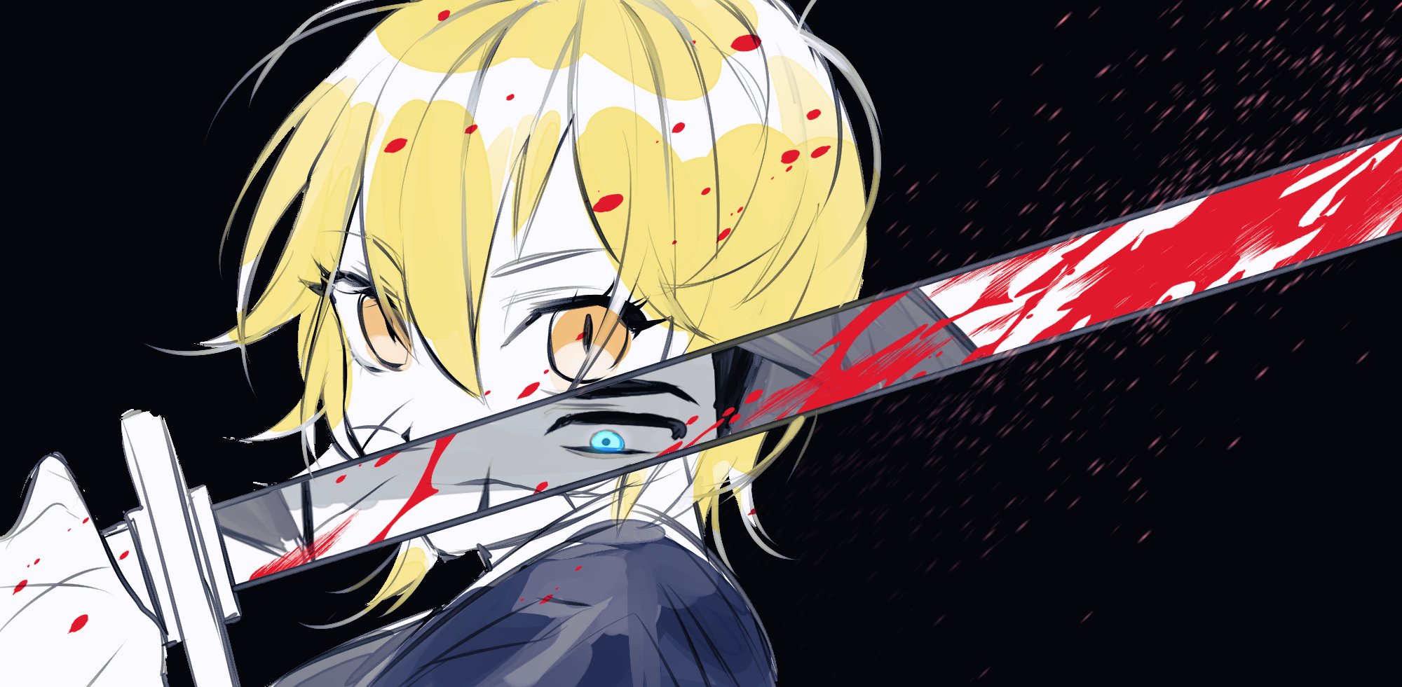 1boy 1girl black_background blonde_hair blue_eyes don_quixote_(project_moon) highres holding holding_sword holding_weapon katana limbus_company meursault_(project_moon) nyak_138 project_moon reflective_weapon simple_background sword upper_body weapon yellow_eyes