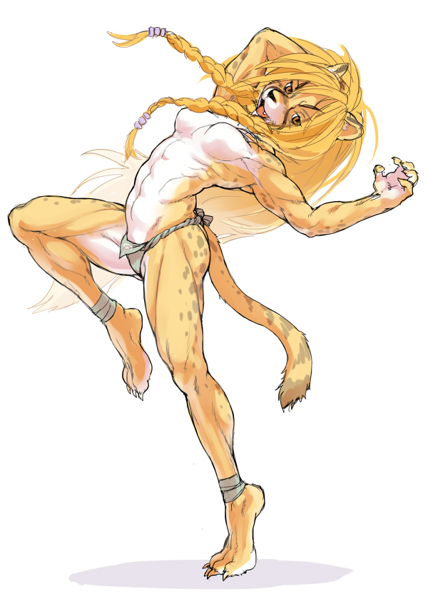1girl arm_behind_head blonde_hair body_fur braid breasts cheetah_girl claws full_body furry furry_female kikurage_(crayon_arts) long_hair looking_at_viewer muscular muscular_female orange_eyes original simple_background small_breasts solo standing standing_on_one_leg tail tiptoes twin_braids very_long_hair white_background yellow_fur