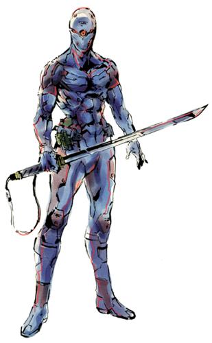 1boy cyborg gray_fox high-frequency_blade konami lowres metal_gear_(series) metal_gear_solid ninja official_art shinkawa_youji standing sword weapon
