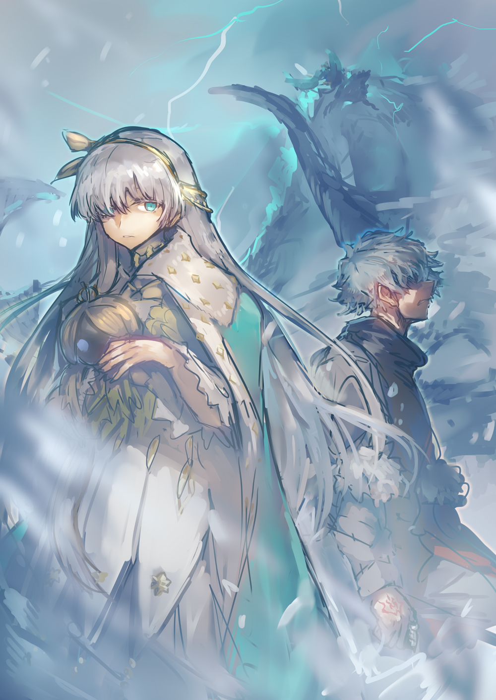 1girl 2boys anastasia_(fate) black_shirt command_spell dress fate/grand_order fate_(series) grey_shirt highres ivan_the_terrible_(fate) kadoc_zemlupus long_hair mammoth melon22 multiple_boys open_clothes open_shirt shirt short_hair snowing viy_(fate) white_dress white_hair
