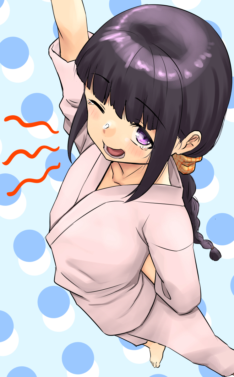 1girl alternate_costume arm_up bare_shoulders black_hair blue_background braid highres japanese_clothes jinbei_(clothes) kantai_collection kitakami_(kancolle) long_hair nekotarou_(nktr299) one_eye_closed polka_dot polka_dot_background purple_eyes sidelocks single_braid solo yawning