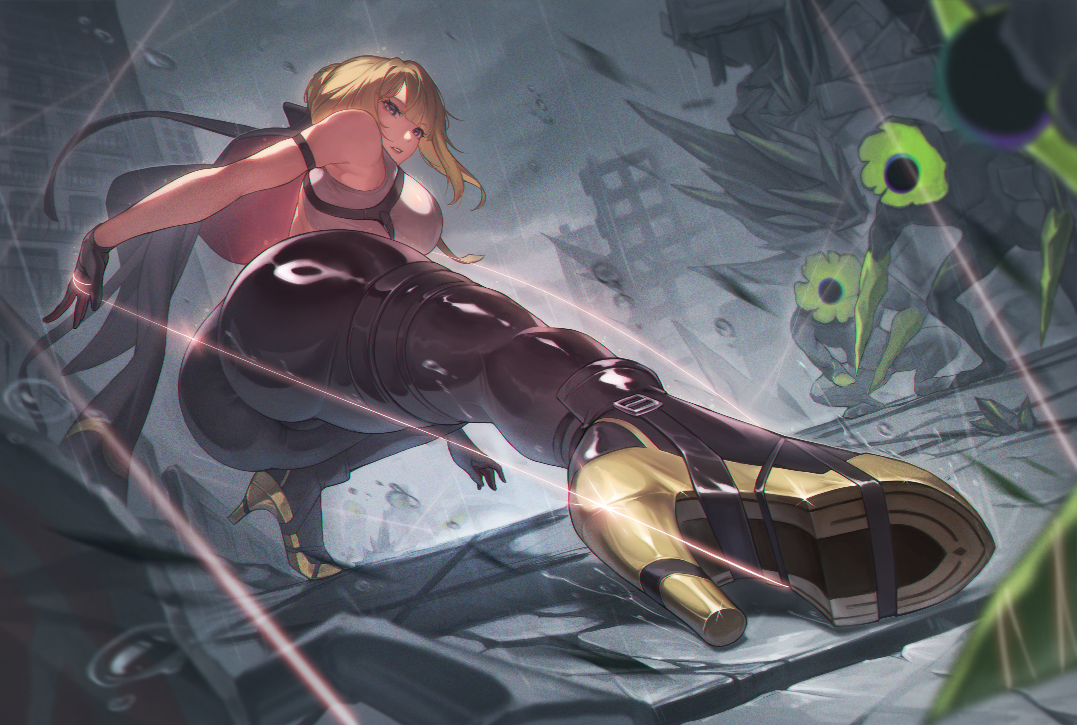 1girl absurdres ass bare_shoulders black_gloves black_jacket black_pants blonde_hair breasts commentary debris elbow_gloves english_commentary et0 ethereal_(zenless_zone_zero) evelyn_chevalier gloves hand_on_ground high_heels highres jacket large_breasts looking_at_viewer outdoors pants parted_lips purple_eyes rain revision shirt short_hair single_elbow_glove solo tight_clothes tight_pants white_shirt zenless_zone_zero