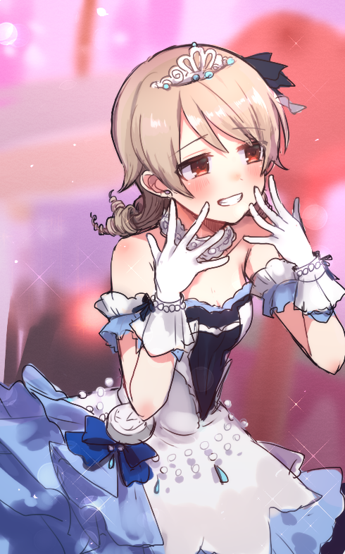 1girl arm_garter blonde_hair blurry blurry_background blush commentary_request dress drill_hair gloves grin hair_flaps idolmaster idolmaster_cinderella_girls morikubo_nono smile solo starry_sky_bright_(idolmaster) strapless strapless_dress tiara white_gloves yoshisawa