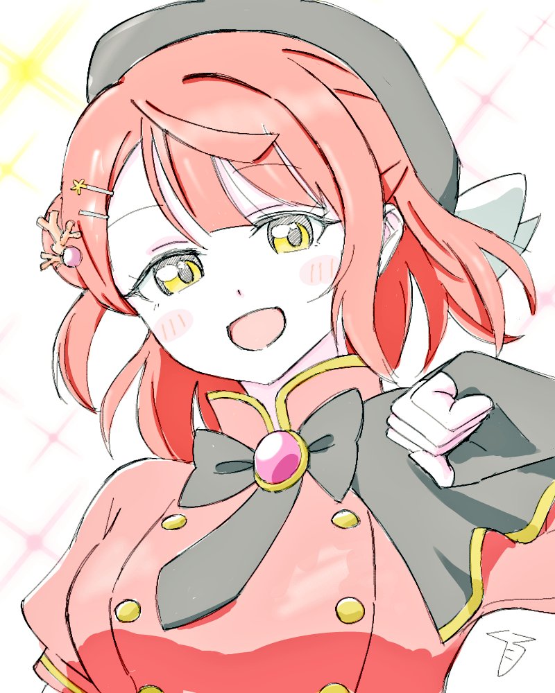 1girl :d aisamu_4444293 beret black_gloves black_hat blunt_bangs blush breasts buttons commentary_request coral_hair_ornament double-breasted fingerless_gloves gloves hair_bun hair_ornament hairclip half_updo hat large_breasts love_live! love_live!_nijigasaki_high_school_idol_club love_live!_nijigasaki_high_school_idol_club_the_movie_-_finale medium_hair open_mouth orange_hair orange_shirt shirt signature single_side_bun smile solo sparkle_background stellar_stream_(love_live!) swept_bangs uehara_ayumu upper_body white_background yellow_eyes
