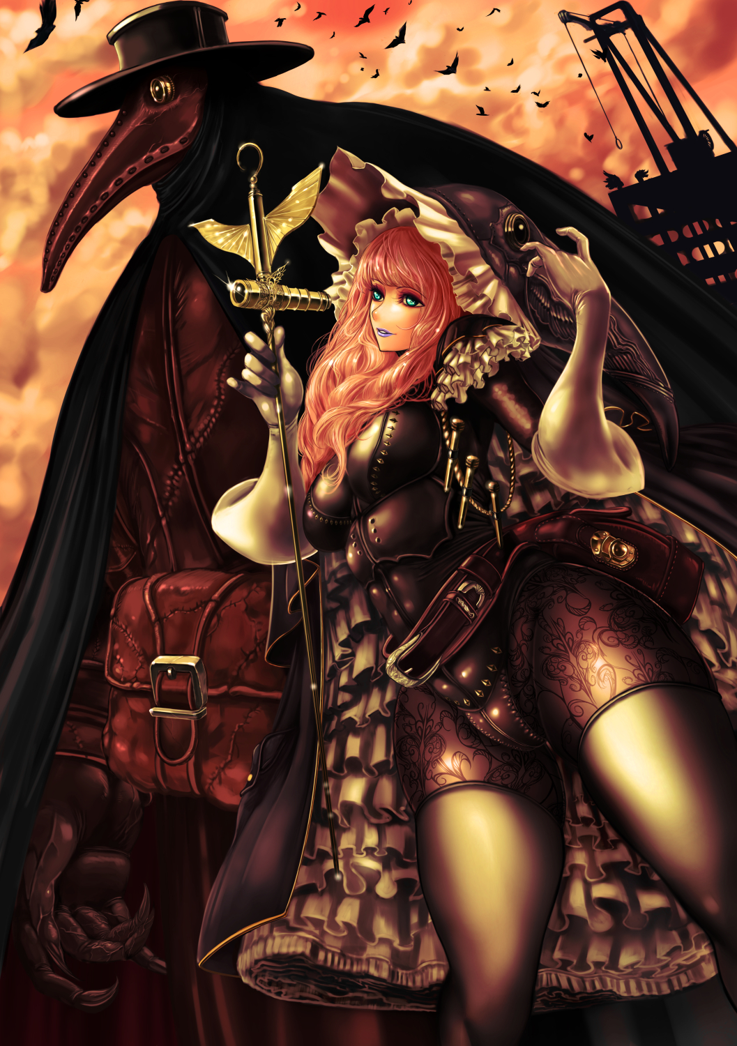 1boy 1girl animal aqua_eyes bag belt belt_pouch bird black_hat black_panties blonde_hair breasts buckle building cloud crotch_seam dress fantasy frills from_below gloves hat head_tilt highres holding hood lace lace_legwear large_breasts lens_flare long_hair long_sleeves mask naglfar naglfar_sakura noose opera_glasses original outdoors panties pantyhose parted_lips plague_doctor plague_doctor_mask pocket pouch print_legwear purple_lips rope sky standing thighhighs top_hat underwear white_gloves white_thighhighs