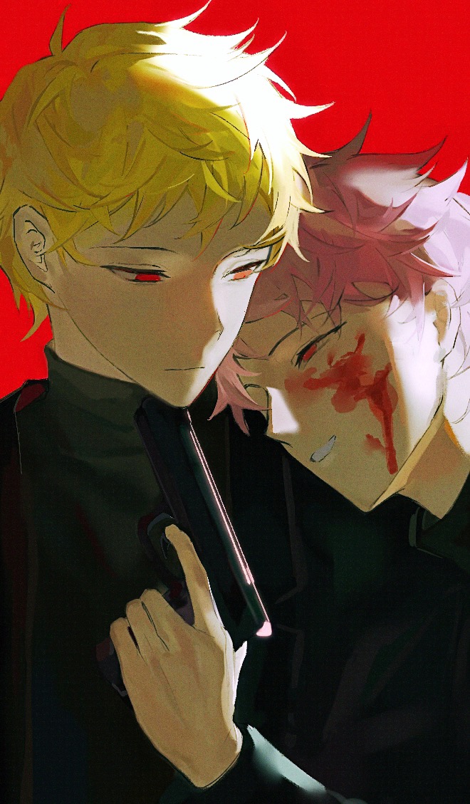 2boys atou_haruki black_jacket black_sweater blonde_hair blood blood_on_face chinese_commentary closed_mouth commentary_request dual_persona film_grain gun holding holding_gun holding_weapon jacket male_focus multiple_boys open_clothes open_jacket pink_hair red_background red_eyes saibou_shinkyoku short_hair spoilers sweater turtleneck turtleneck_sweater weapon zhiyanpianyu55126