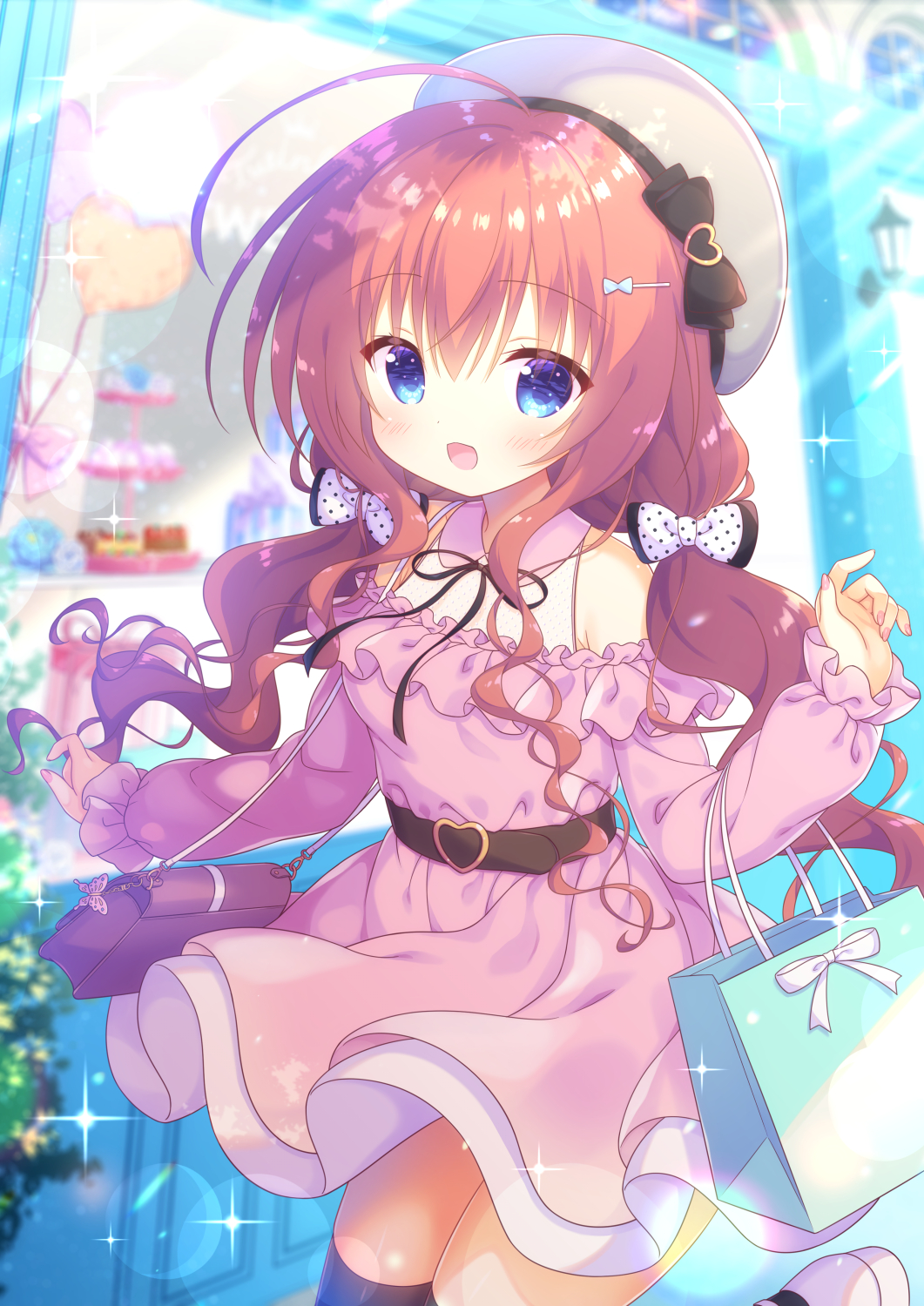 1girl ahoge bag belt black_belt black_ribbon black_thighhighs blue_eyes bow brown_bag brown_hair day dress grey_hat hair_ornament hairclip hat hat_bow heart_belt_buckle highres holding holding_bag kamishiro_piyo leg_up long_hair long_sleeves low_twintails moe2020 neck_ribbon off-shoulder_dress off_shoulder open_mouth original outdoors pink_dress pink_nails polka_dot polka_dot_bow ribbon shopping_bag shoulder_bag sidelocks smile sparkle thighhighs twintails wavy_hair white_bow